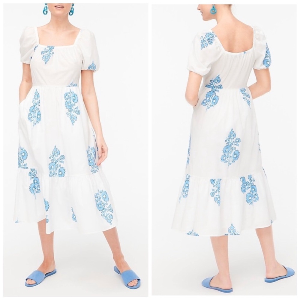 J. Crew White Blue Floral Puff-Sleeve Tiered Sz 8 Midi Dress NWT